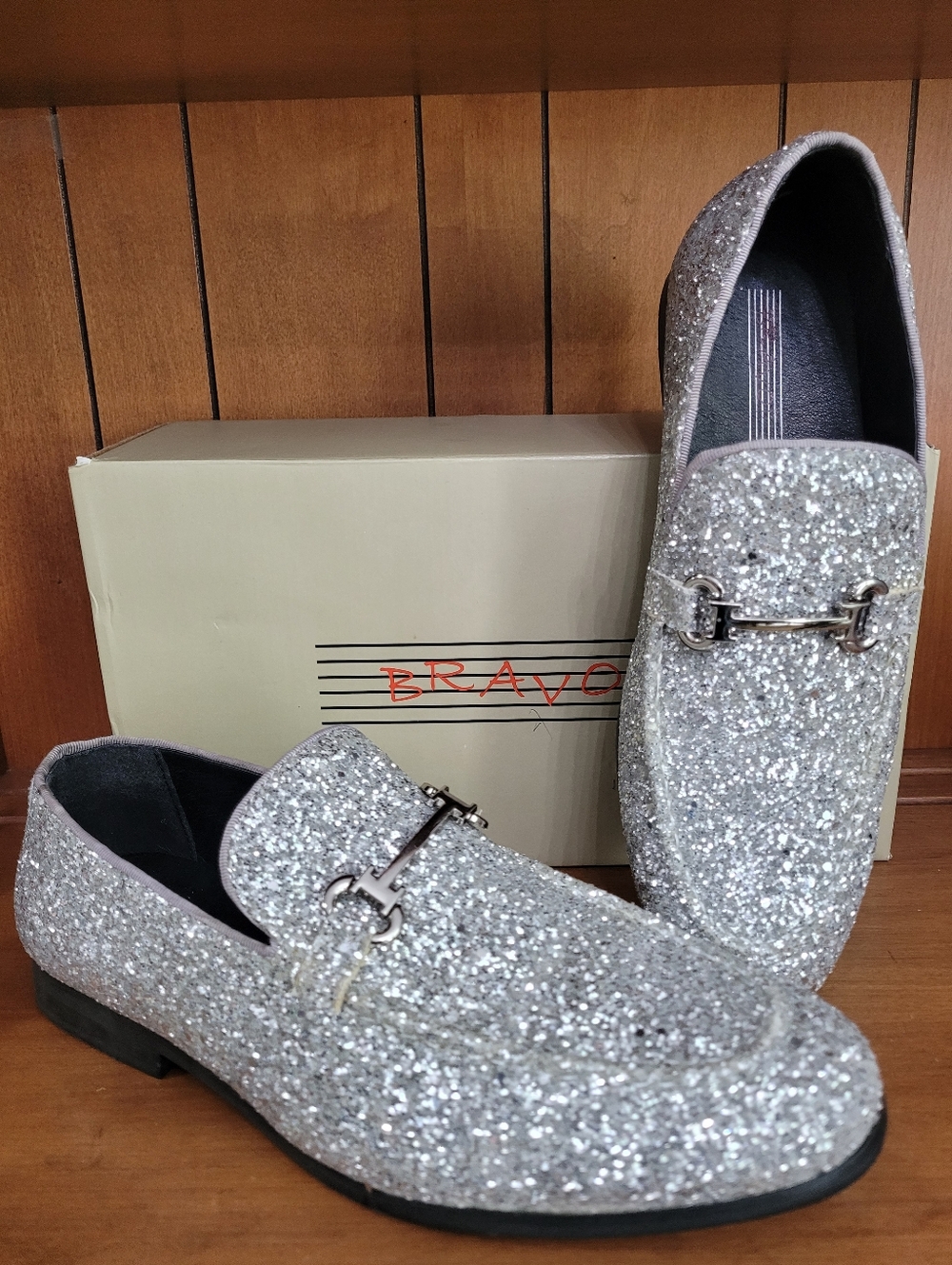 Bravo! Men Dress Shoe Prom Loafer Modern Metallic silvee Glitter Sz 7